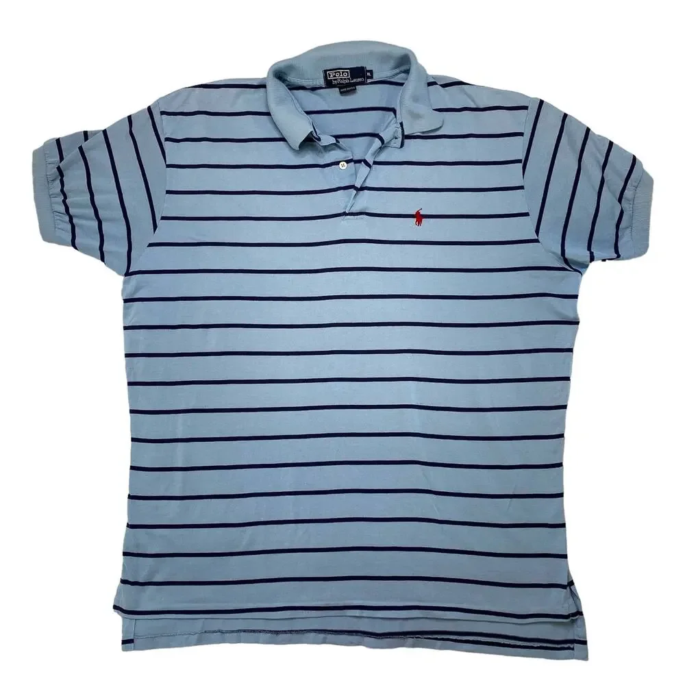 POLO RALPH LAUREN Made in USA Blue Stripe Pony Polo Shirt XL Mens 100% Cotton